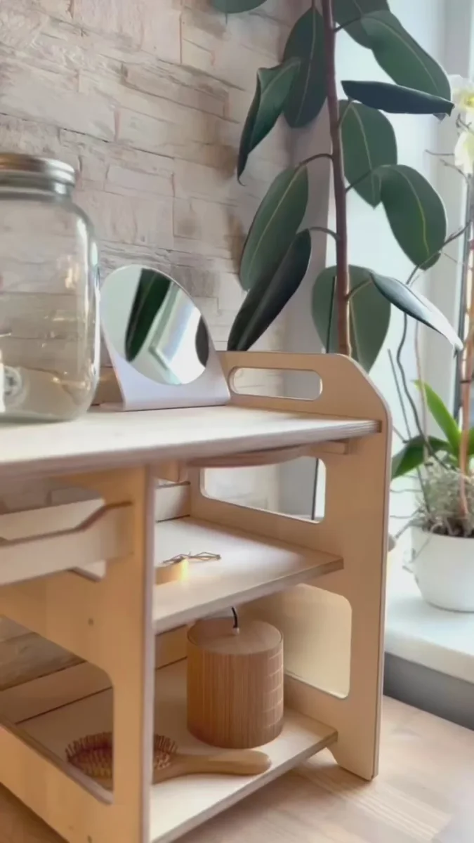 Montessori Tvättställ i Trä med Förvaring för Barn - Stor - Grön Oliv - Bild 3
